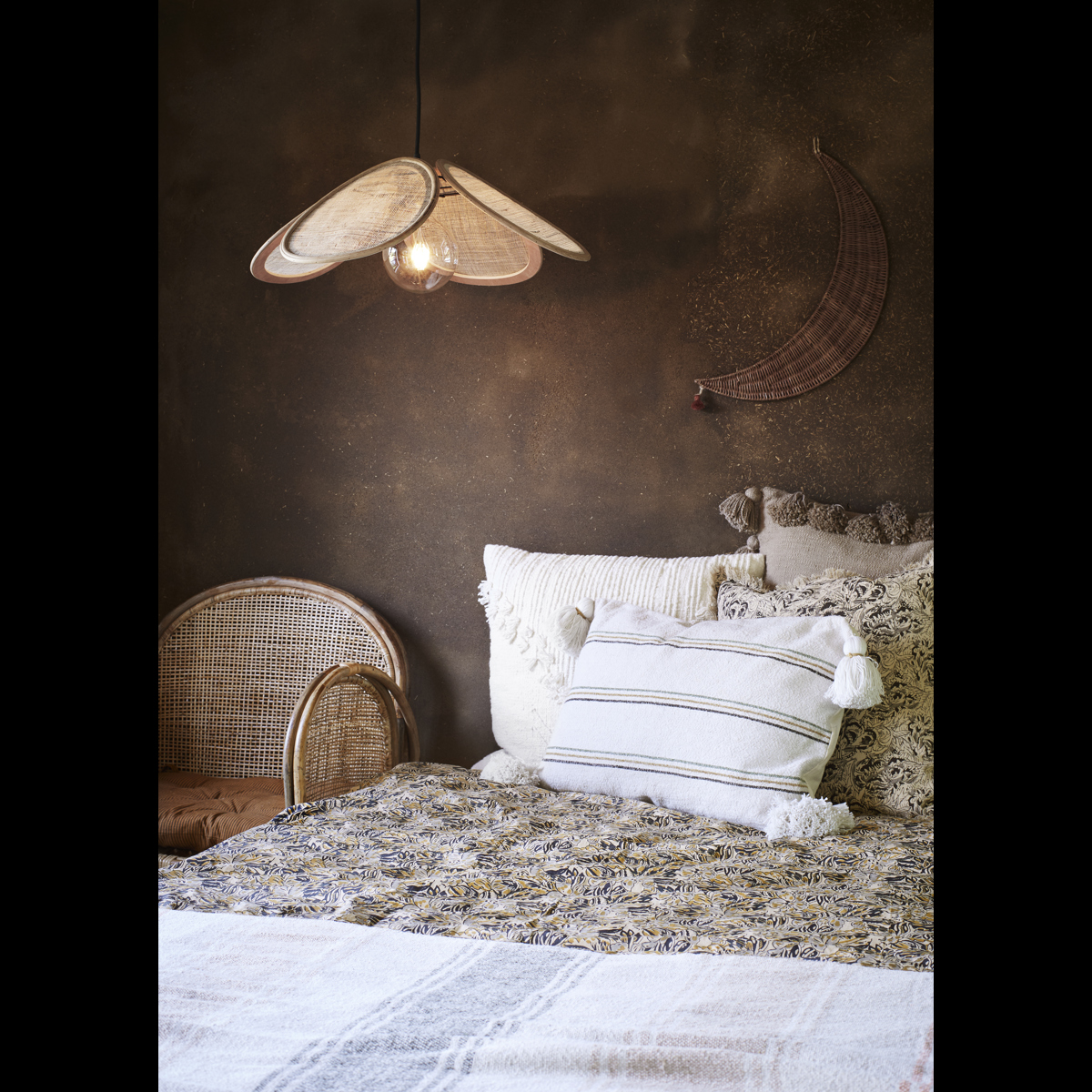 Rattan ceiling lamp w/ linen